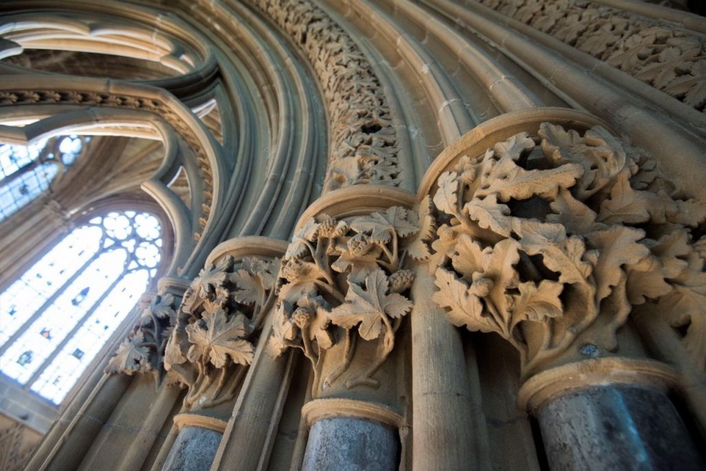 Close up of Leaves carvings into the entrance of the Chapter House