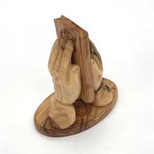 olive wood praying hands with bible 13cm fair trade