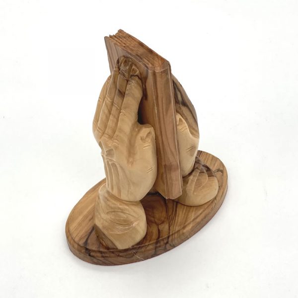 olive wood praying hands with bible 13cm fair trade